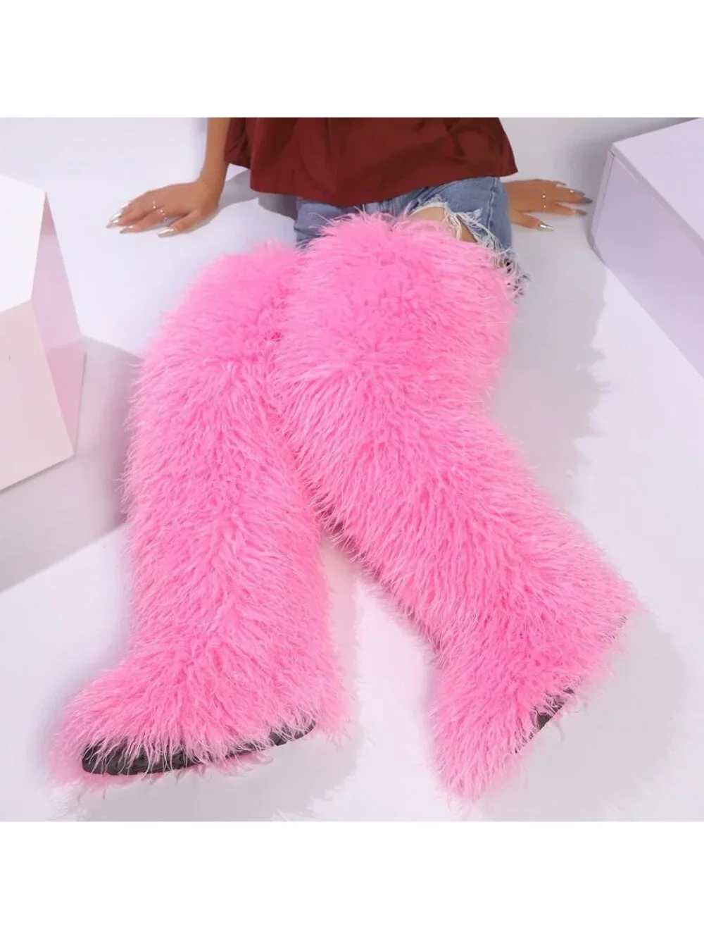 Women's Bright Pink Round Toe Comfort Over The Knee Fluffy Fur Thigh High Boots